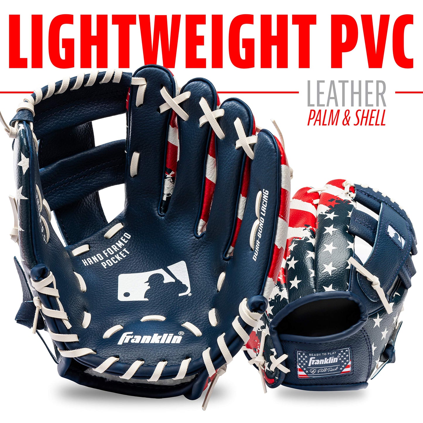 Franklin Sports Tee Ball Glove - Right Handed Youth Fielding Glove - MLB® Synthetic Leather Baseball Glove - Ready to Play Glove (RTP) - 9.5 Inch Right Hand Throw - MLB® USA with Ball, Red/White/Blue