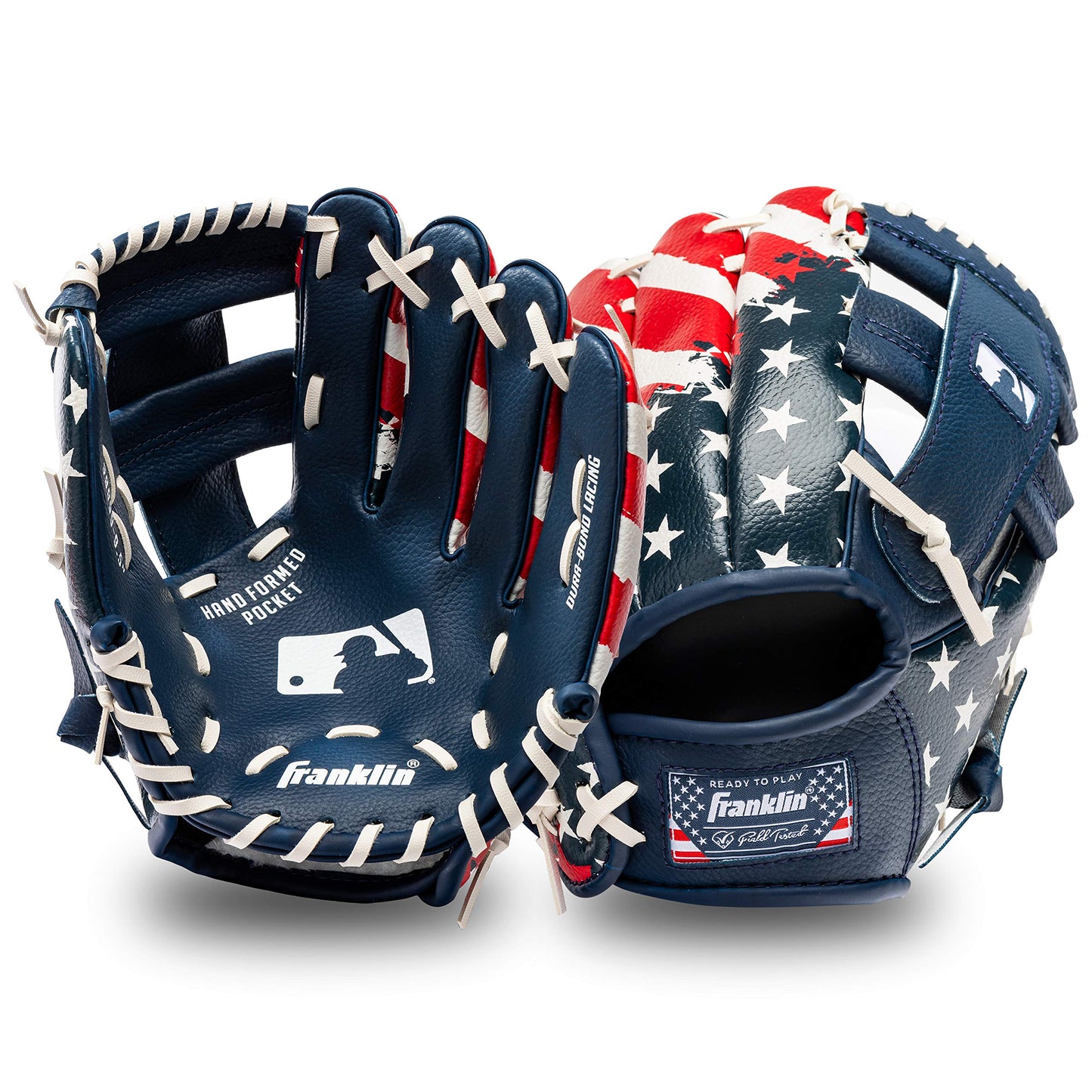 Franklin Sports Tee Ball Glove - Right Handed Youth Fielding Glove - MLB® Synthetic Leather Baseball Glove - Ready to Play Glove (RTP) - 9.5 Inch Right Hand Throw - MLB® USA with Ball, Red/White/Blue