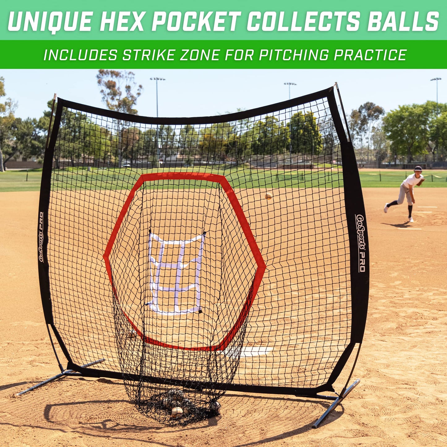GoSports 7 ft x 7 ft PRO Baseball & Softball Practice Hitting & Pitching Net with Bow Type Frame, Carry Case and Strike Zone, Ultimate Training Net