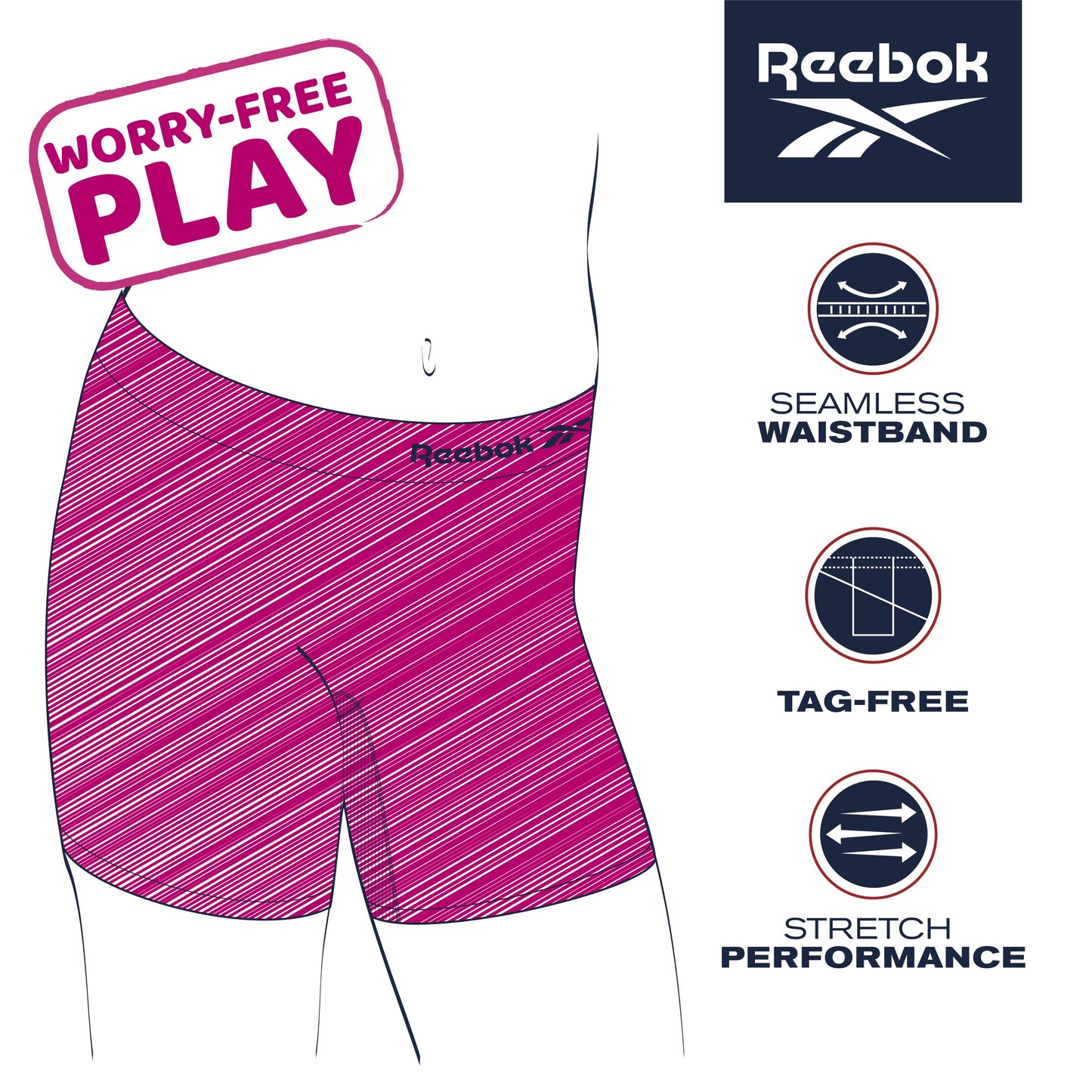 Reebok Girls' Boyshorts Underwear - 4 Pack Soft Seamless Long Leg Boy Shorts - Playground Shorts for Girls (6-16), Size 8-10, Black/Aqua/Hot Pink/Multi Stripes