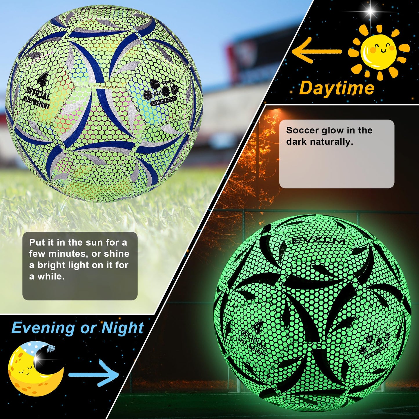 EVZOM Soccer Ball Luminous Official Match Game American Soccer Ball Size 4 for Boys, Girls, Kids Ages 8 to 12 Years Old Outdoors Indoors Sports Ball Training