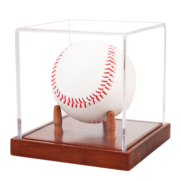 Baseball Display Case Clear Acrylic Cube Baseball Holder with Wooden Base Autograph Baseball Stand Box for Balls UV Protected Baseball Display Cube (Walnut)