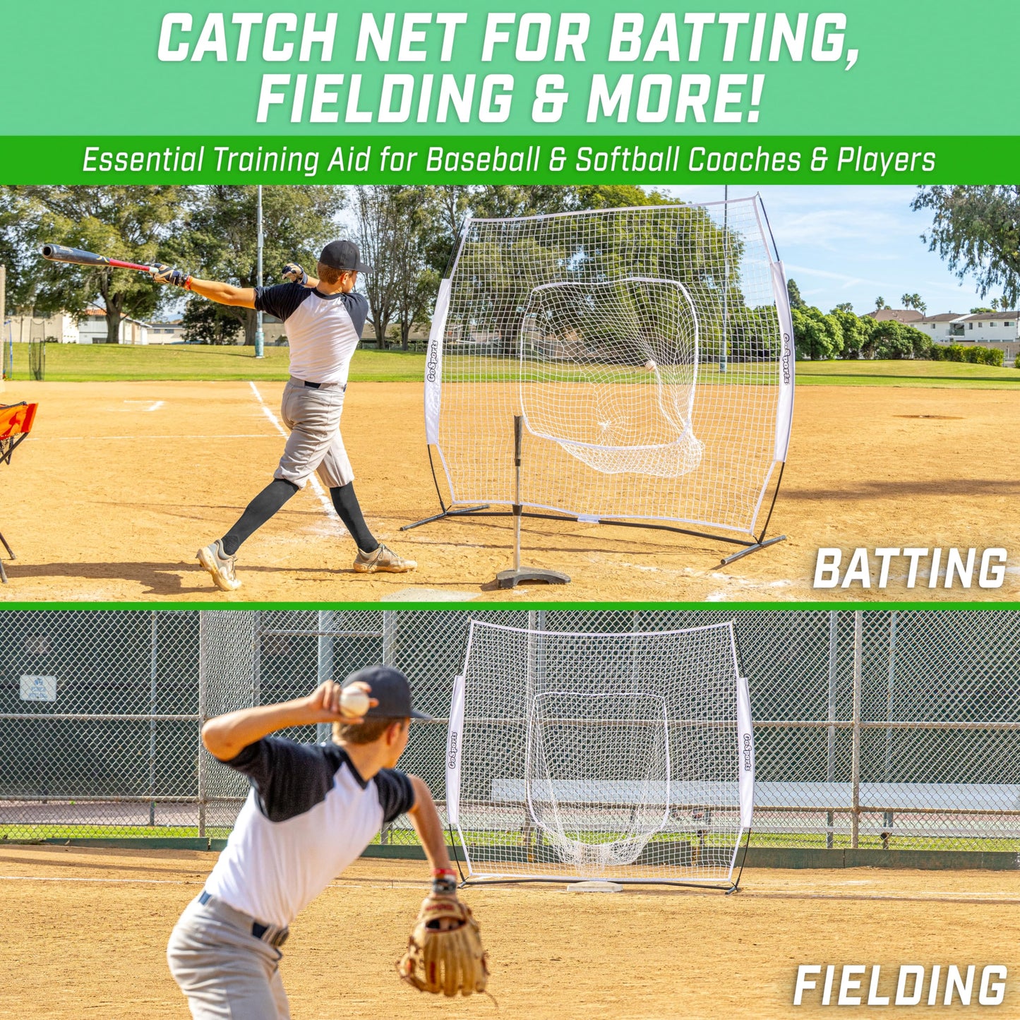 GoSports 7x7 ft Baseball & Softball Batting & Pitching Net with Strike Zone – Available in Team Colors - White
