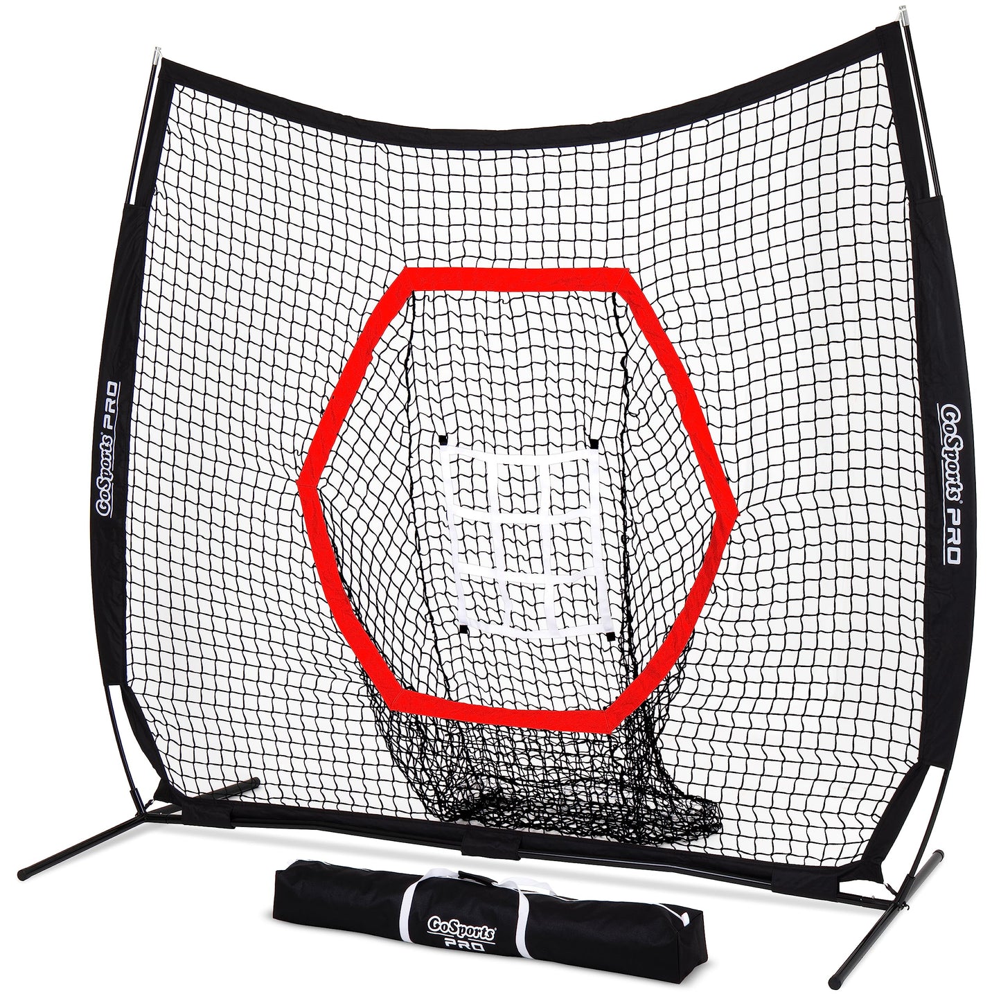 GoSports 7 ft x 7 ft PRO Baseball & Softball Practice Hitting & Pitching Net with Bow Type Frame, Carry Case and Strike Zone, Ultimate Training Net