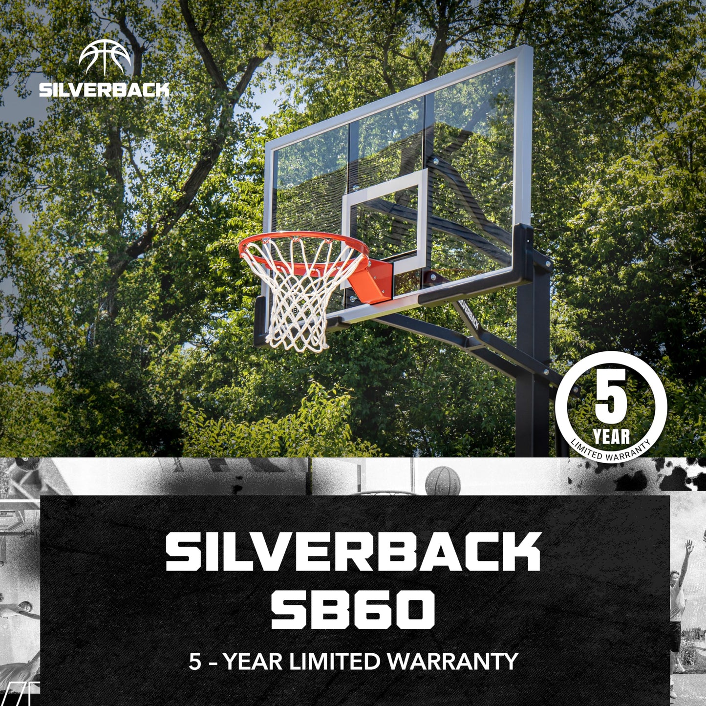 Silverback 60" In-Ground Basketball System with Adjustable-Height Tempered Glass Backboard and Pro-Style Breakaway Rim
