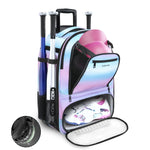 AUROTIER Rolling Baseball Backpack with Off-road Wheels Wheeled Catchers Gear Bag for Baseball Equipment 4 Bats Large Softball Bag for TBall Helmet & Accessories with Fence Hook Blue-pink