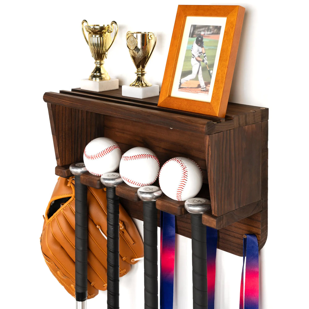 LAVIEVERT Baseball Bat Holder Wall-Mounted Medal Hanger Trophy Display Shelf Sports Memorabilia and Collectibles Floating Shelf Wooden Storage Rack for Balls Bats Gloves Medals & Trophies