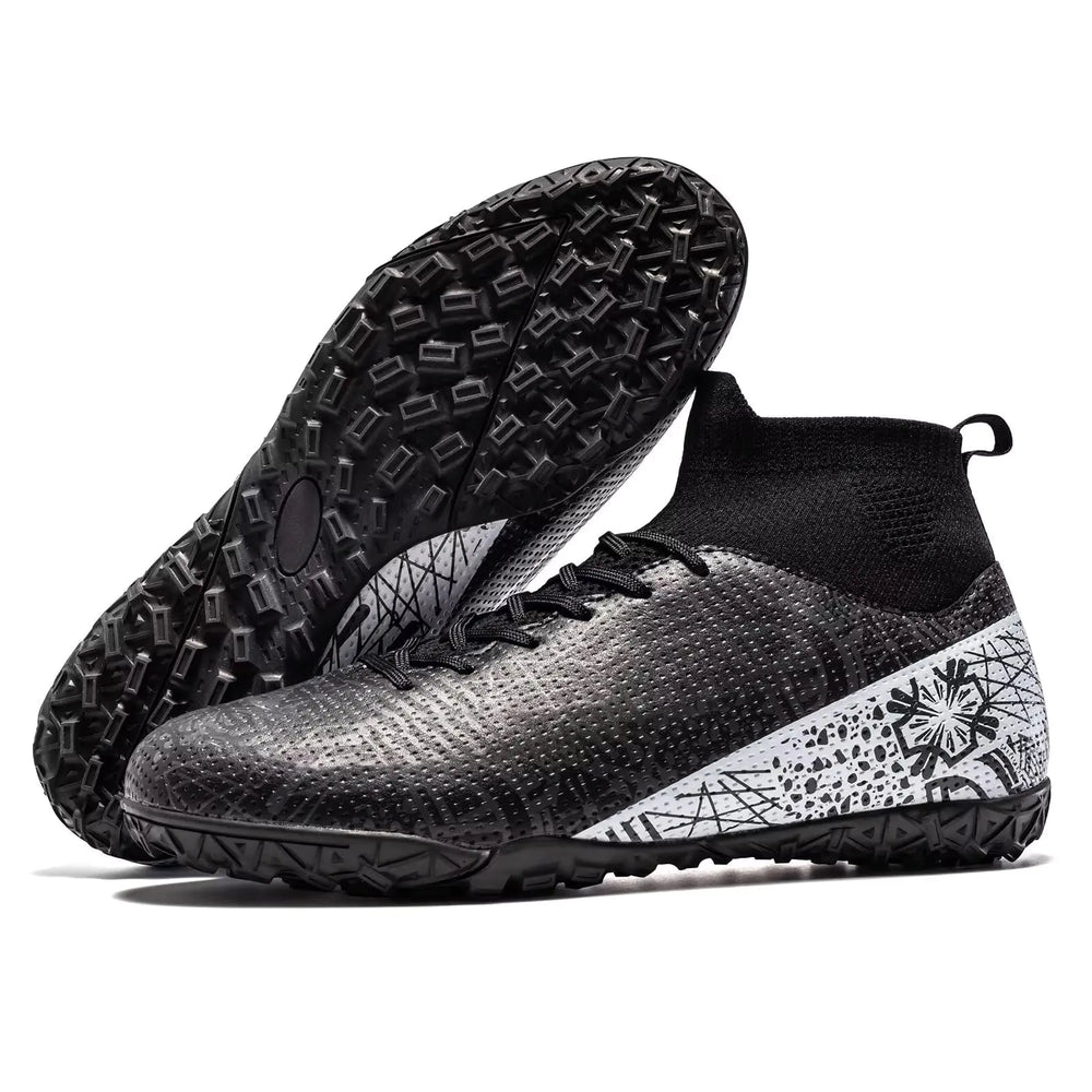 curunect Indoor Turf Soccer Shoes Mens Women High-top Soccer Cleats Youth Professional Training Futsal Boots for Big Boys Tacos de Futbol para Hombre Black/White/Silver US Men 9.5