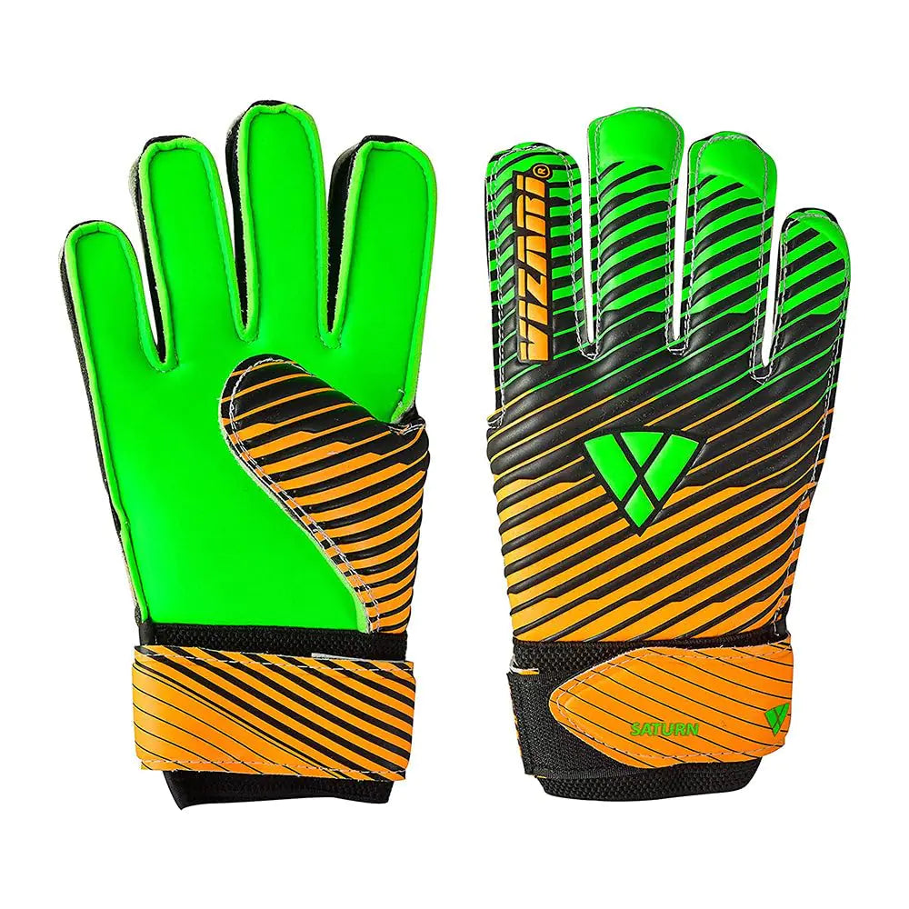 Vizari Saturn F.P. Soccer Goalkeeper Gloves with Finger Support - Green/Orange Size 7 | Inbuilt Fingersave Protection Goalie Gloves | 3-MM Duplatex Foam Palm Football Gloves