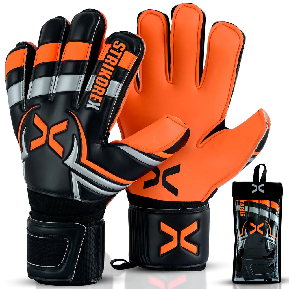 StrikoreX Goalie Gloves for Kids & Youth with 4mm Latex Palm Strong Grip Adults & Boys Soccer Football Gloves with Fingers Save (Fluo Orange 5)