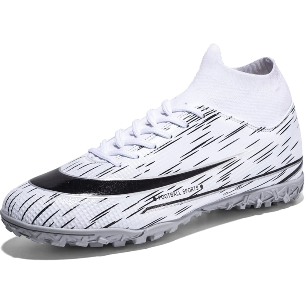 UYO Mens Soccer Shoes Football Cleats with High-Tops Lace-Up Rubber Non-Slip Spikes Indoor TF Turf Sports Athletic Futsal Sneaker White EU 41