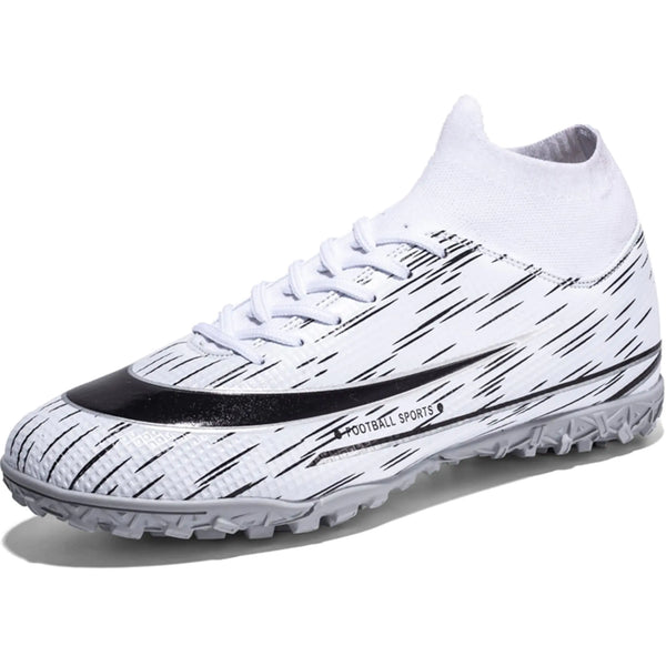 UYO Mens Soccer Shoes Football Cleats with High-Tops Lace-Up Rubber Non-Slip Spikes Indoor TF Turf Sports Athletic Futsal Sneaker White EU 41