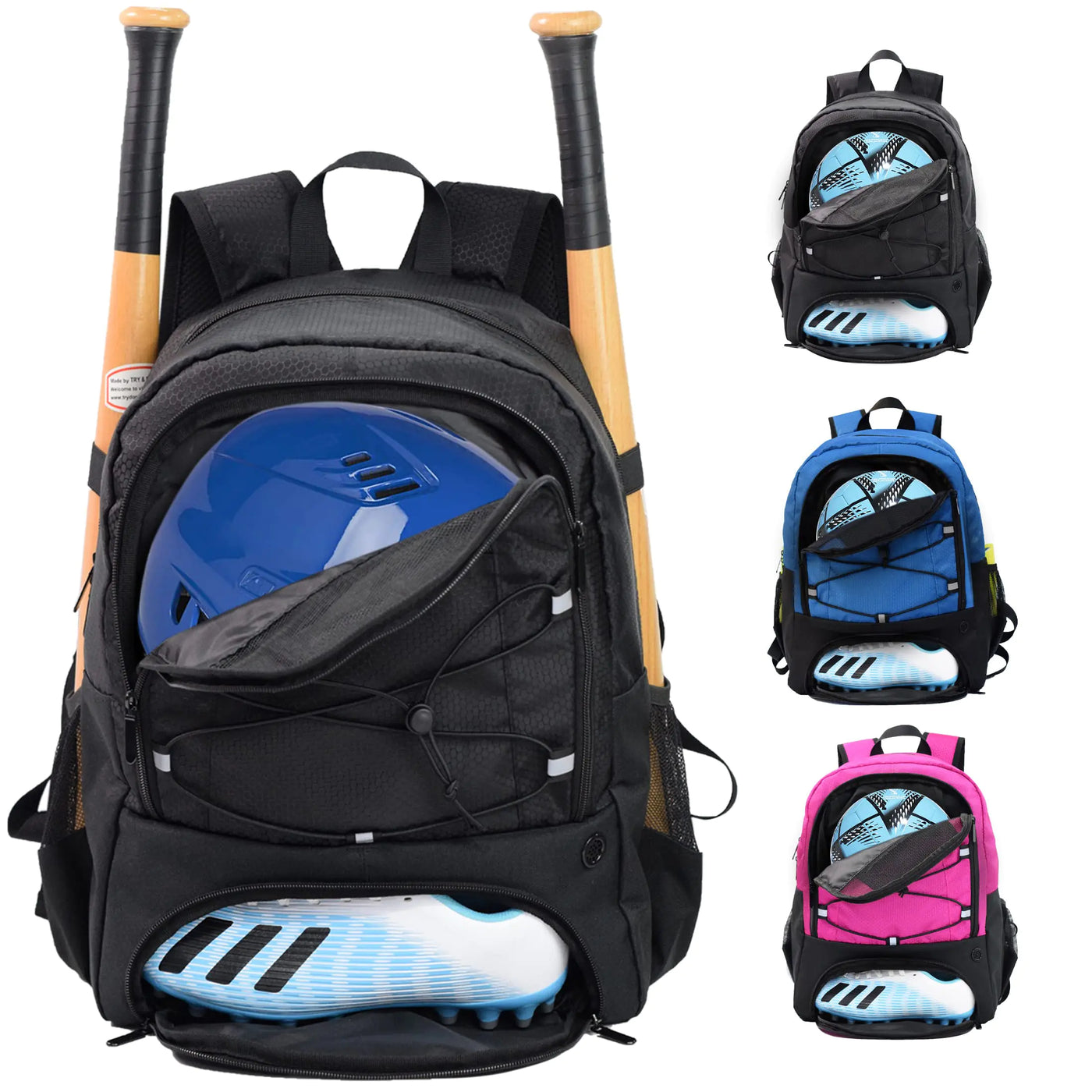 Rudmox Soccer Ball Bag Baseball Bat Backpack T-Ball & Softball Equipment Bag with Shoe Compartment & Fence Hook Holds Helmet Basketball Vollyball Gloves Shoes (Black)