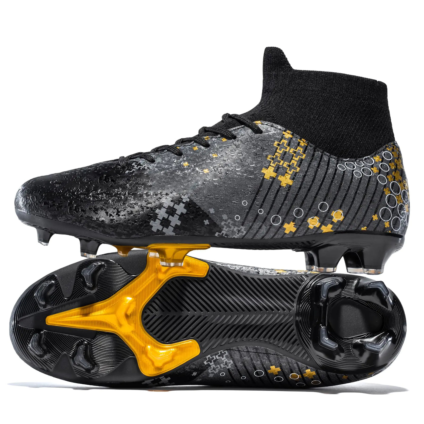 Yioiy Soccer Cleats Mens Training Football Cleats Shoes for Youth Tacos de Futbol para Hombre High-top Lightweight Big Boys Futsal Black/Gold/White Size 3 Men