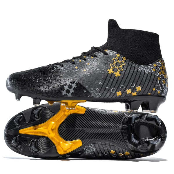 Yioiy Soccer Cleats Mens Training Football Cleats Shoes for Youth Tacos de Futbol para Hombre High-top Lightweight Big Boys Futsal Black/Gold/White Size 3 Men