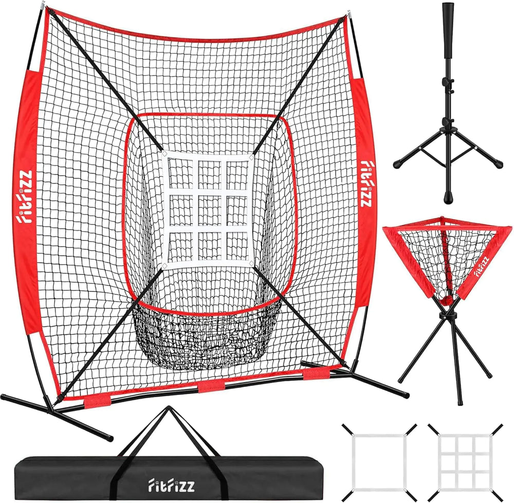 FITFIZZ 7x7 Ft Baseball Net Baseball & Softball Practice Net for Batting and Pitching Baseball Training Equipment with Ball Caddy Batting Tee Suitable for Personnel of All Skill Levels