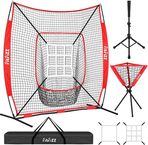 FITFIZZ 7x7 Ft Baseball Net Baseball & Softball Practice Net for Batting and Pitching Baseball Training Equipment with Ball Caddy Batting Tee Suitable for Personnel of All Skill Levels