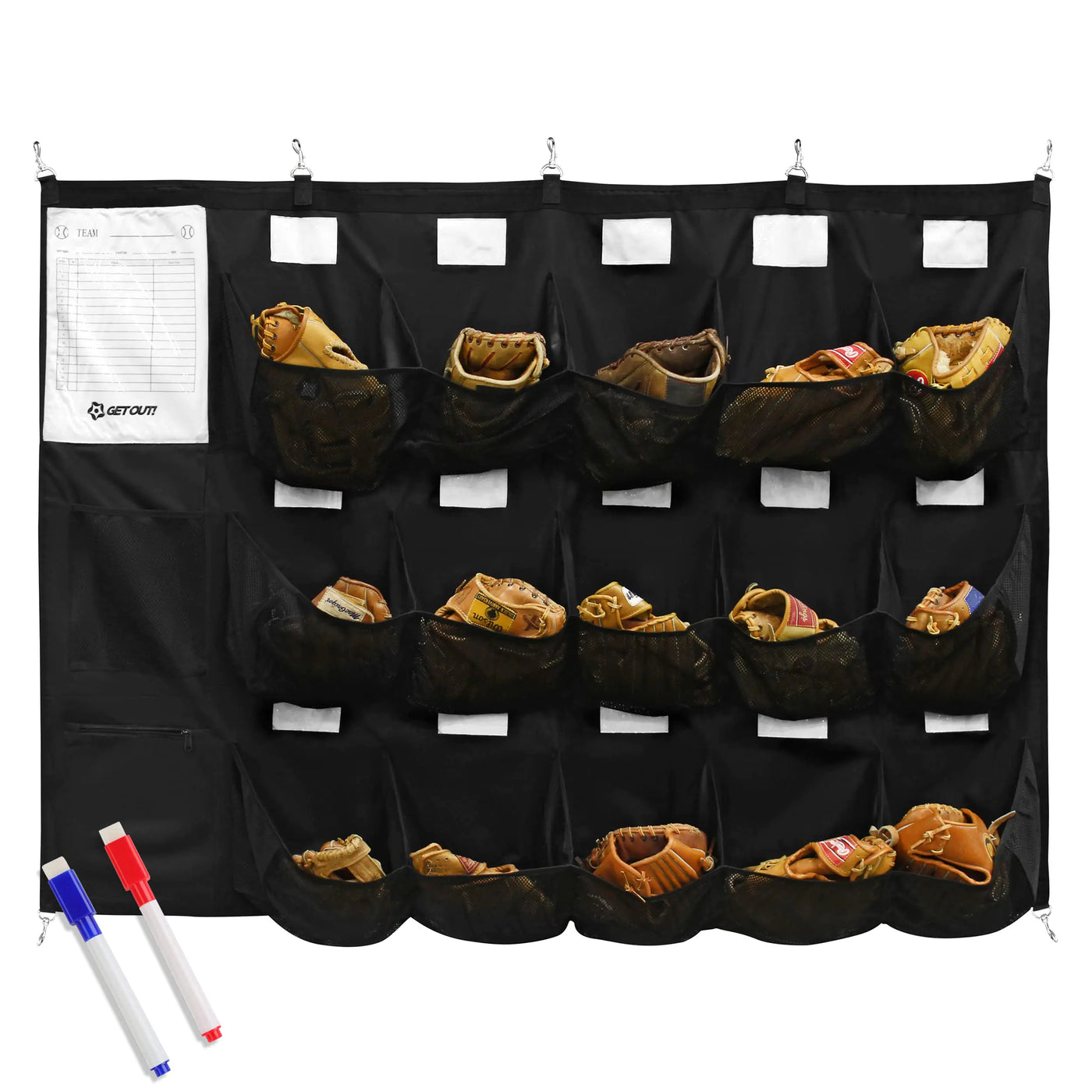 Get Out! Dugout Organizer for Helmets Gloves Bats and More - 15 Pocket Baseball Coaching Accessories Tee Ball and Softball Equipment Hanging Fence Rack with 7 Hooks