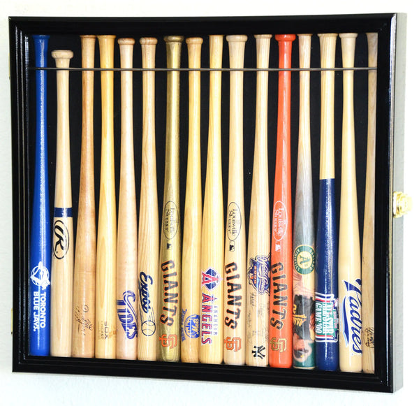 Small Mini 18" Baseball Mini Bat Display Case Cabinet Holder Rack w/98% UV Lockable Holds up to 16 Bats (Black Finish)