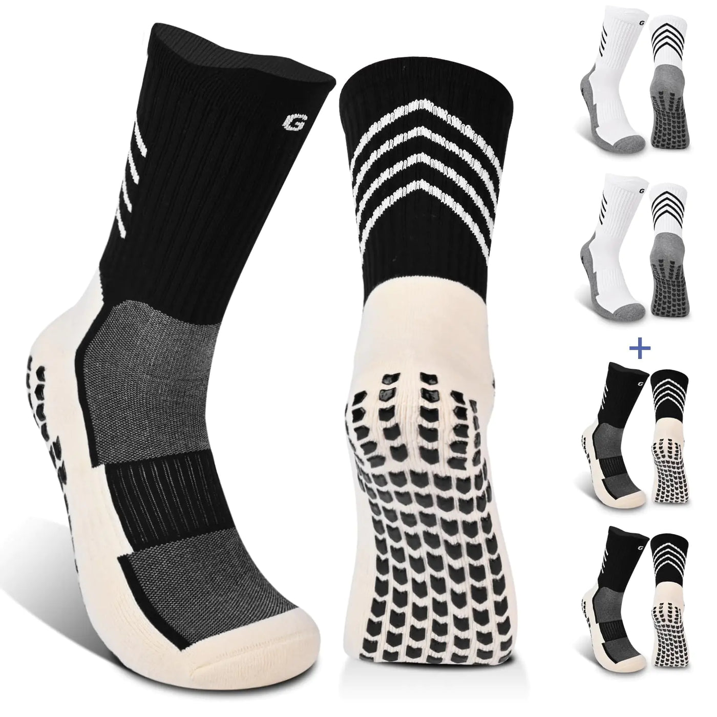 GOGOGOAL Anti-slip Grip Football Soccer Socks Men Youth Non-slip Sports Crew Trainer Socks for Soccer Rugby 9-12 Black white2+ L 4 Pair