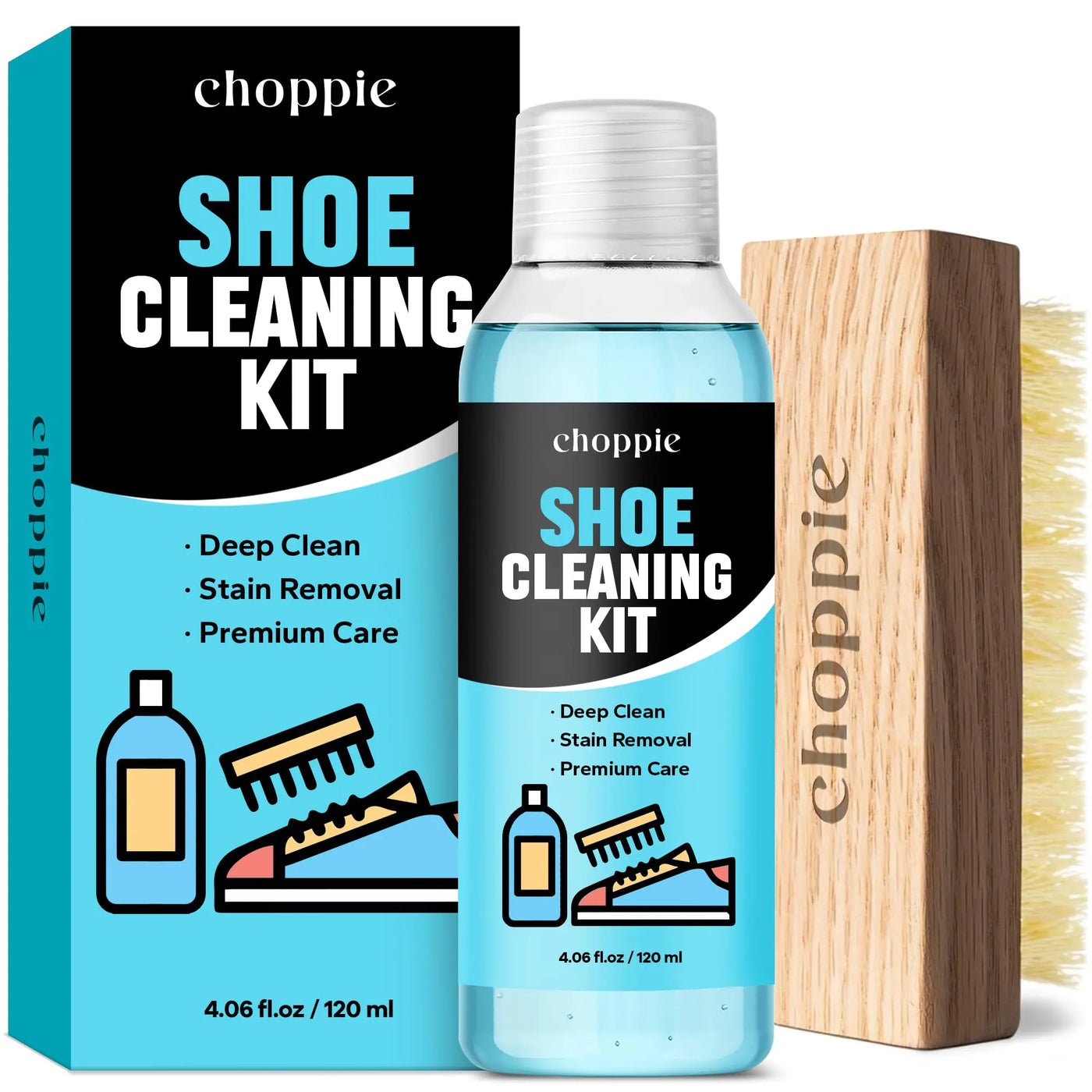 Choppie Shoe Cleaning Kit (4.06 Fl Oz) 2Pcs Set with Deep Cleaning Solution & Brush Cleaner Kit for Sneakers Suede Leather Mesh Shoes and Tennis Shoes