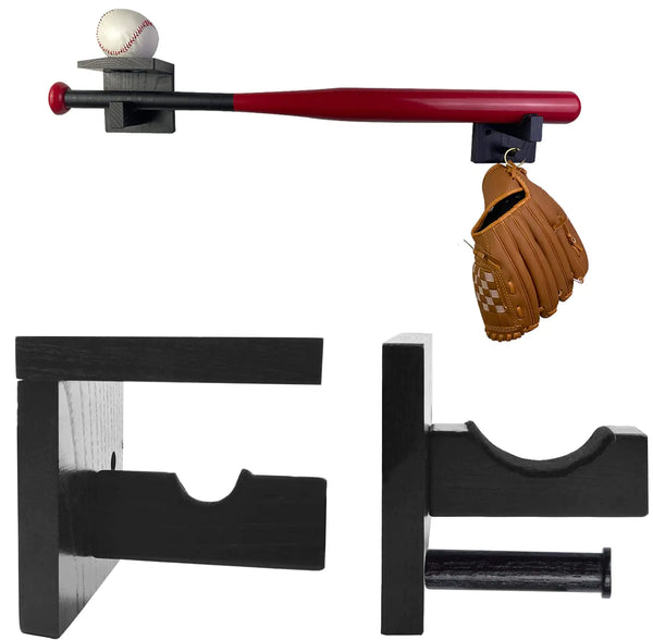 JOINSI 3-in-1 Wooden Baseball Bat Holder Stand Softball Display Rack Baseball Gloves Wall Hanger (Black)