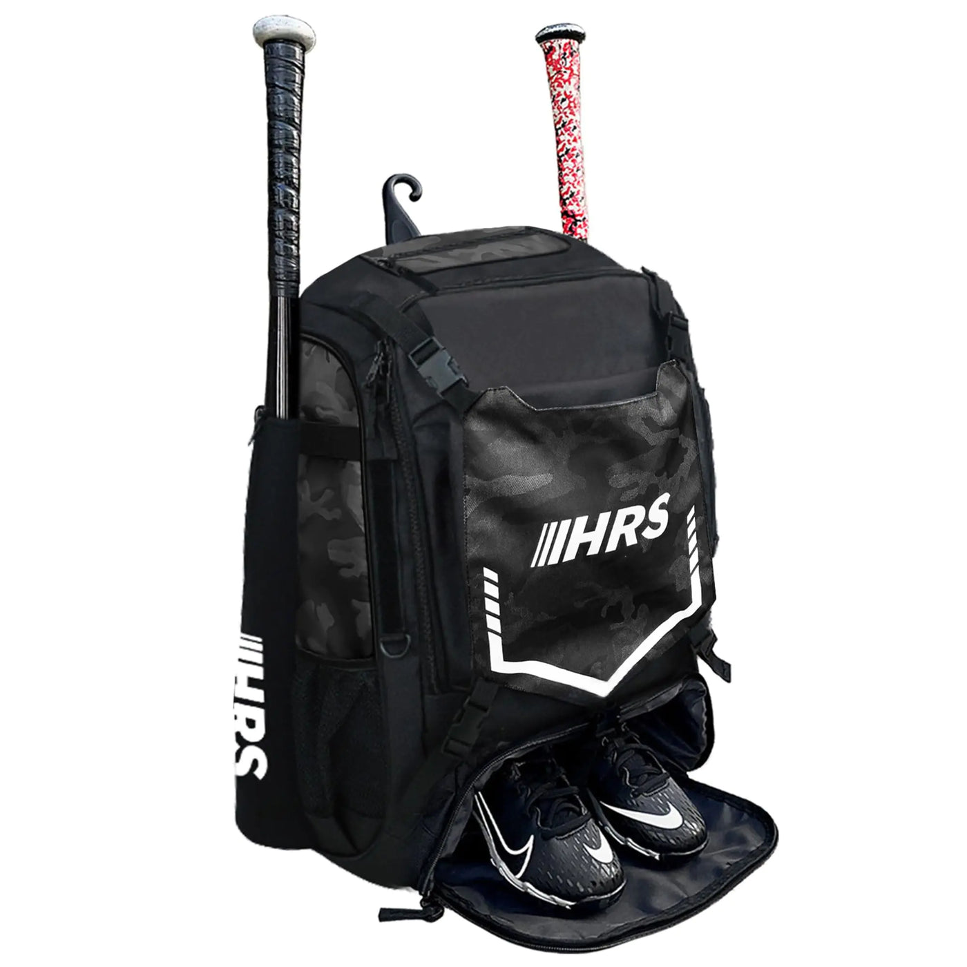 Hit Run Steal Black Camo Baseball Bag Softball Bat Bag for Youth & Adult. Holds 4 Bats Glove Water Bottle Shoe Compartment Helmet Fence Hook for Equipment & Gear
