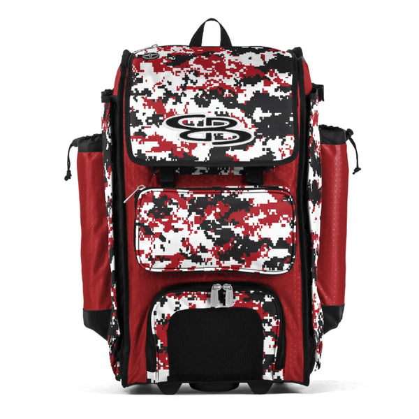 Boombah Rolling Catchers Superpack Baseball/Softball Gear Bag - 23-1/2" x 13-1/2" x 9-1/2" - Digital Camo Red/Black - Telescopic Handle and Holds 4 Bats - Wheeled Version