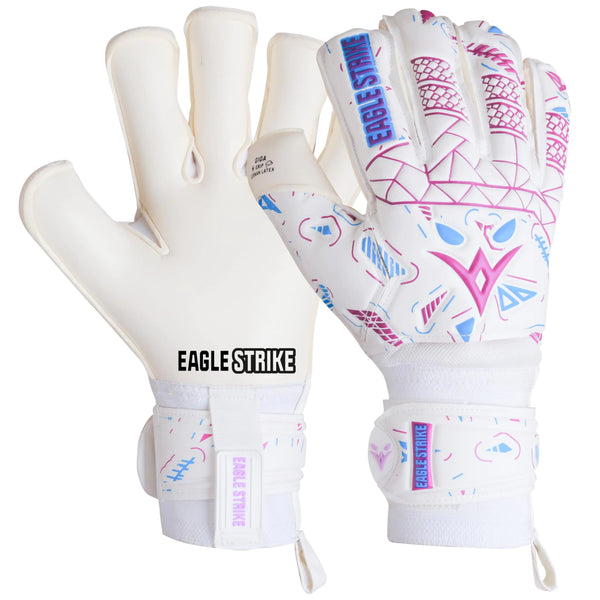 EAGLE STRIKE Soccer Goalie Gloves - Fingers Protection Sizes 5 to 11 4mm German Giga Latex Pro-Level Gloves (White Pink & Blue 7)
