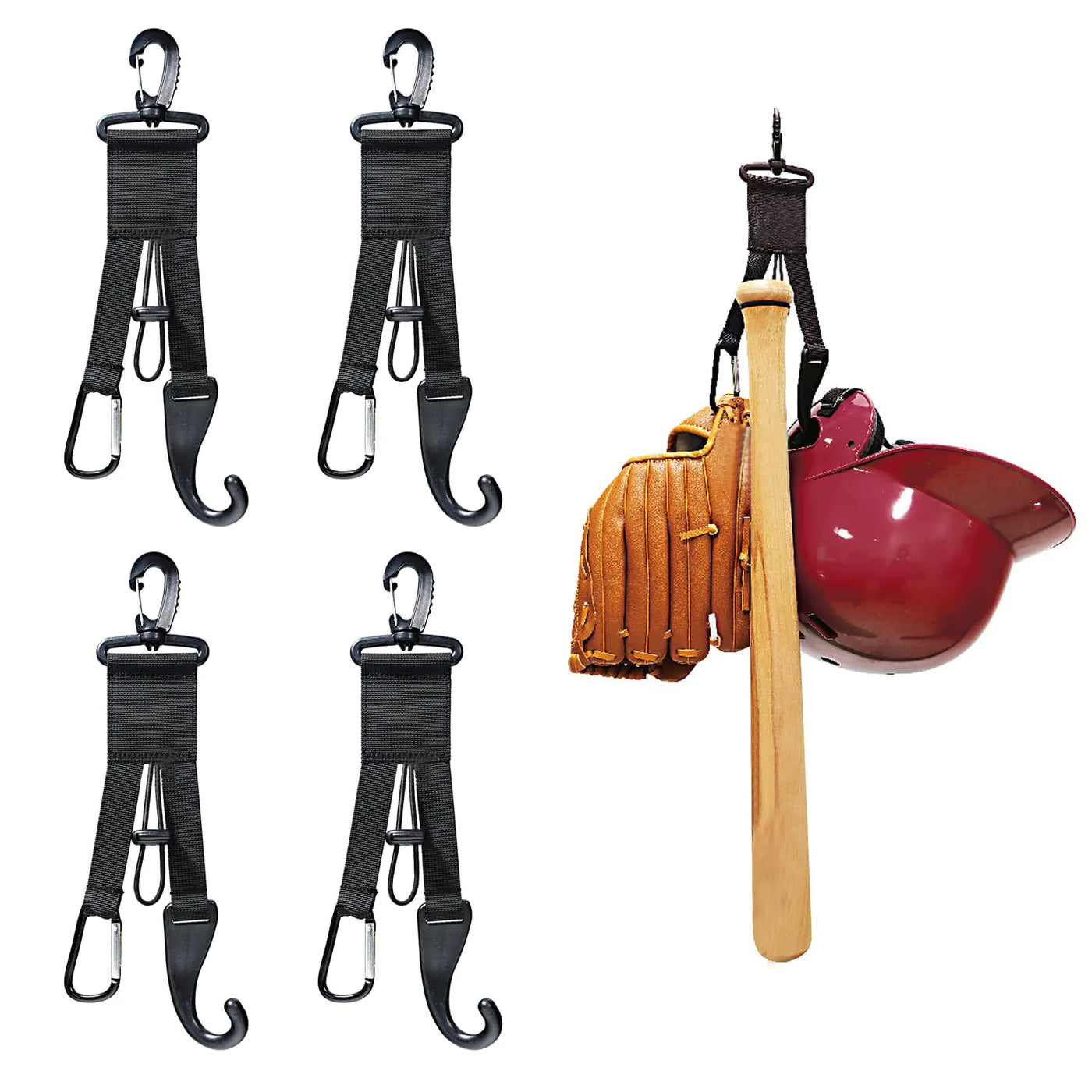 AJFHKJ Baseball Softball Gear Hanger Dugout Organizer -Multipurpose Hanging Buckle Metal Hangers for Hold Outdoor Sports Equipment Camping Gloves Helmets Bats Water Bottle Holder (Black 4Pcs)