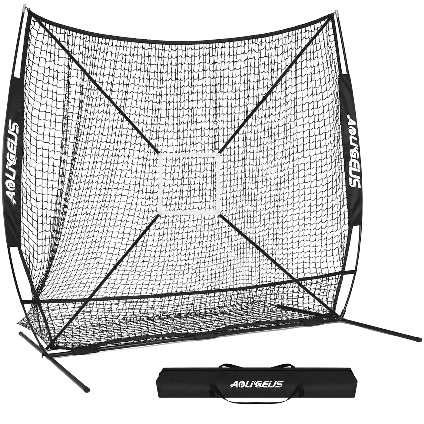 AOLIGEIJS 7X7 Baseball Softball Practice NetPitching NetBatting Netwith Large Ball Collection SystemBaseball Pitching Kit - Batter DummyBonus Strike Zone (Black Baseball Net ONLY)