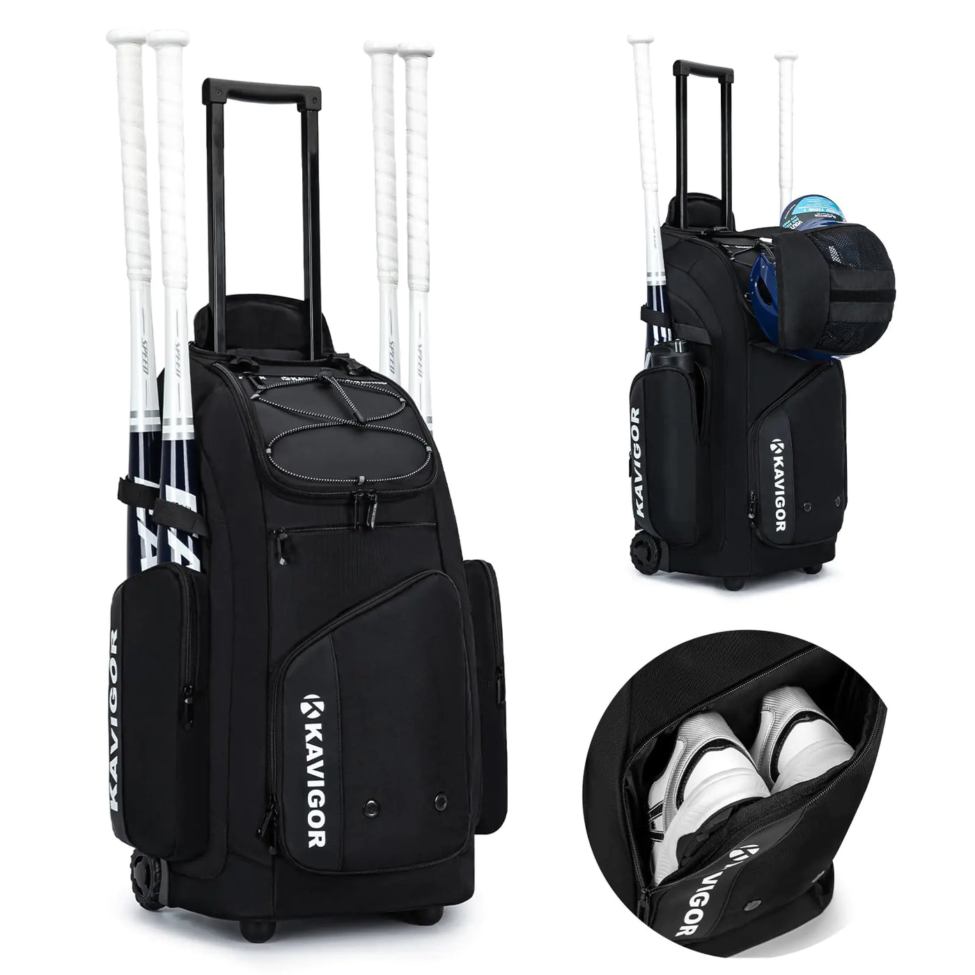 KAVIGOR Rolling Baseball Bag with Wheels 60L Capacity Softball Bag Holds 4 Bats for Boys and Girls Youth Equipment Bag with Shoe Compartment